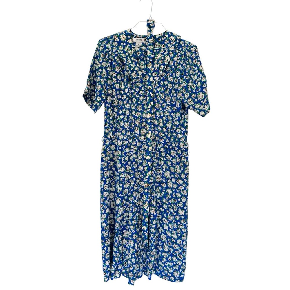 VTG‎ 40's Style Housewife Blue White Floral Dress W/Belt 100% Silk Sz 12 Cadaz